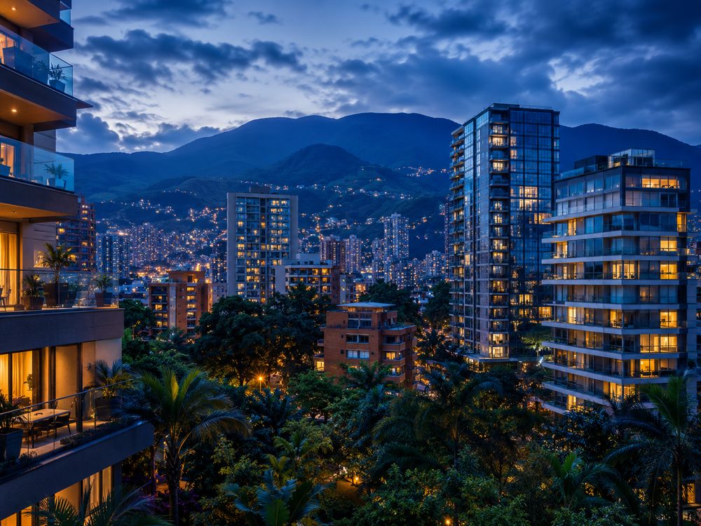 El Poblado at blue hour, glass apartment towers lit against the dark mountains of the Aburrá Valley