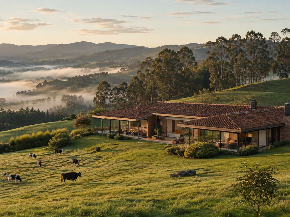 A modern clay-tiled finca on rolling green pasture near Llanogrande at sunrise, mist in the valley below