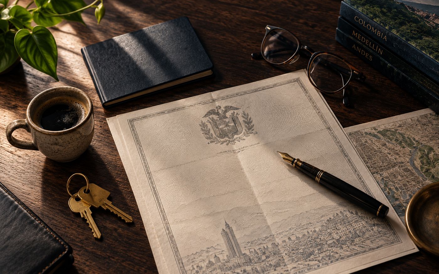 A property deed, fountain pen, brass keys and a cup of coffee laid out on a dark wooden desk in morning light