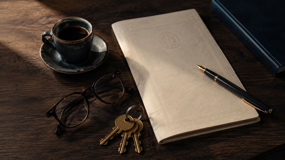 A folded deed document, brass keys, reading glasses and a cup of coffee on a dark wooden desk
