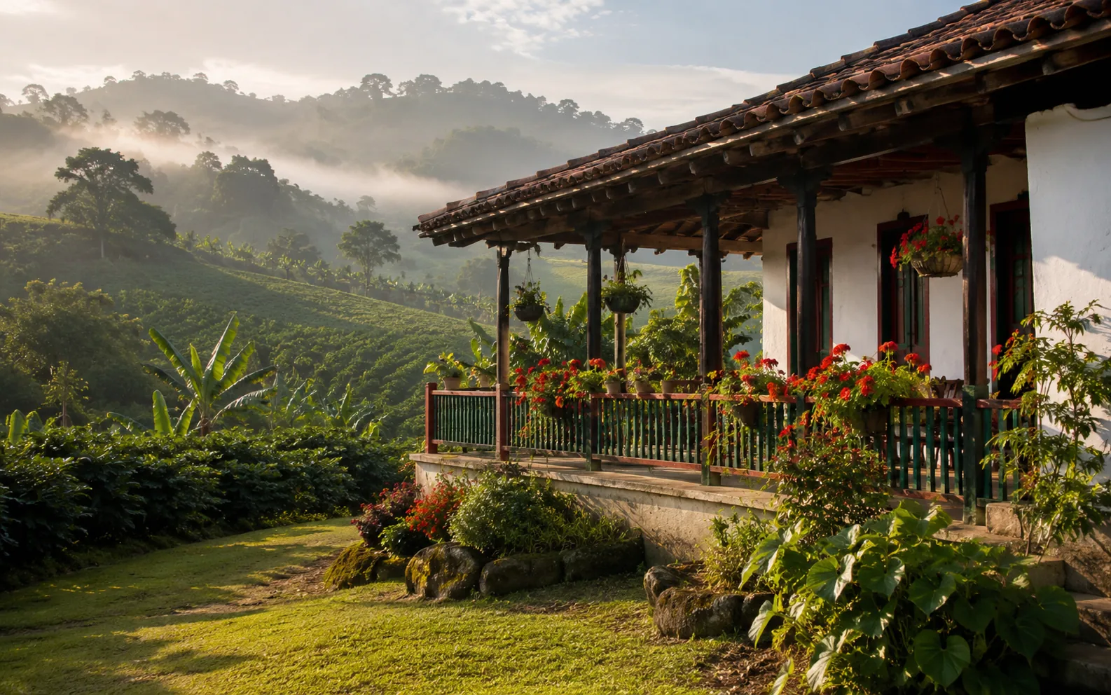 Traditional Colombian finca veranda with geraniums overlooking misty coffee hills