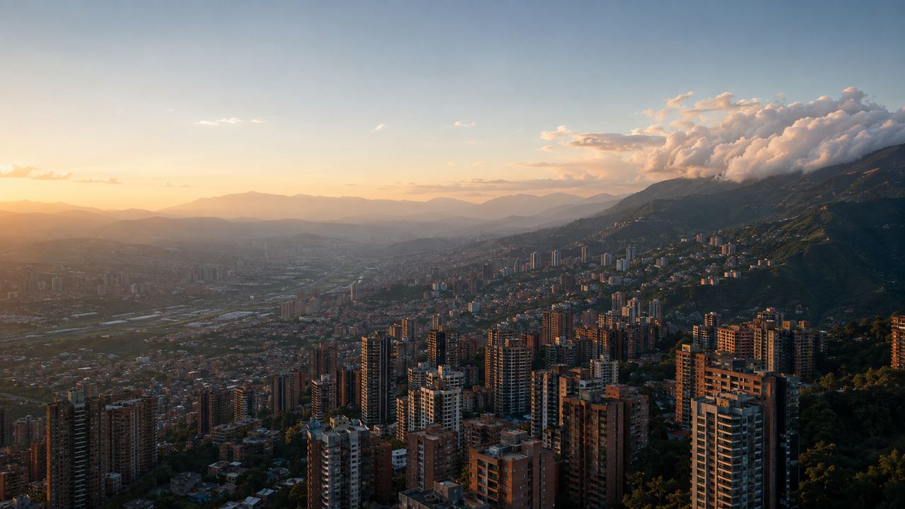 The Aburrá Valley at sunset, apartment towers climbing the eastern slope of Medellín
